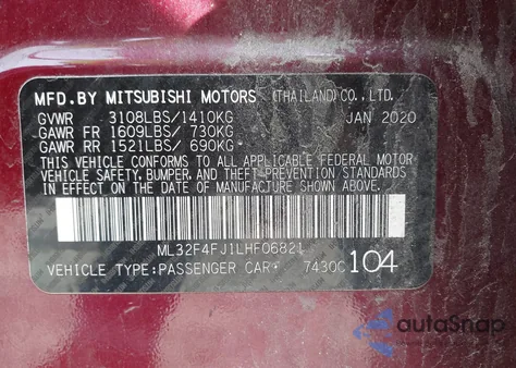 2020 Mitsubishi Mirage Le/Se from USA, damaged, VIN ML32F4FJ1LHF06821